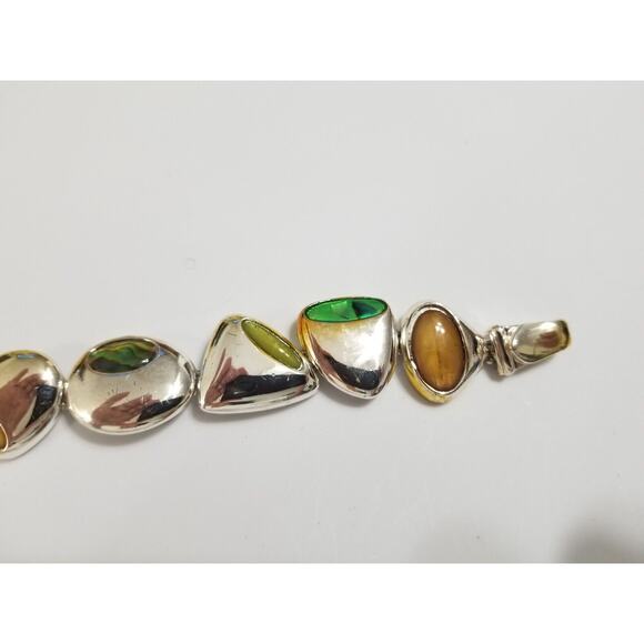 Seven inch silvertone bracelet with inlay stones green yellow b45 - Picture 2 of 11